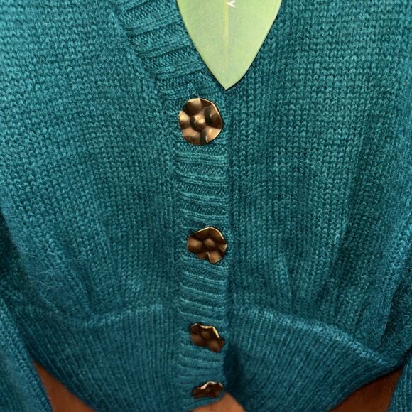 Farm Rio Cardigan Emerald Green Bubble Knit L NEW Button V Neck Long Sleeve - Picture 3 of 16